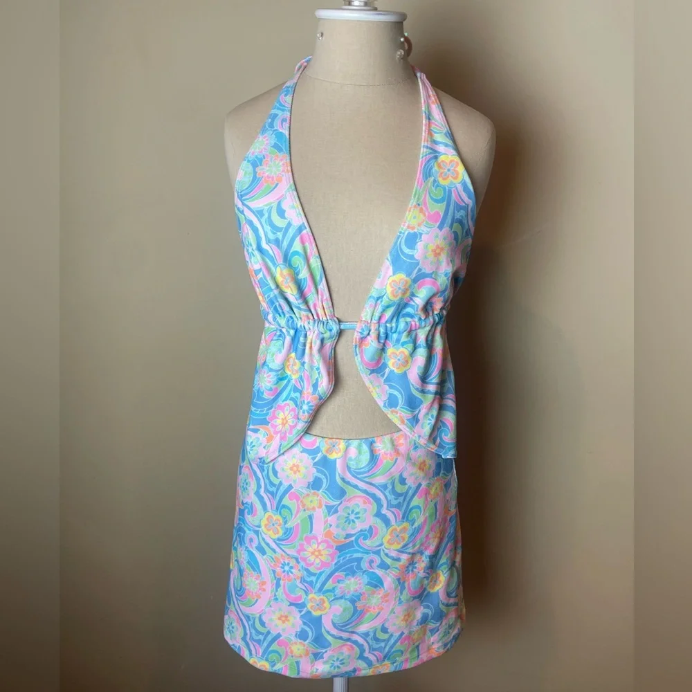 Frankie's Bikinis SET Halter Top and Skirt- Blue and Pink Floral